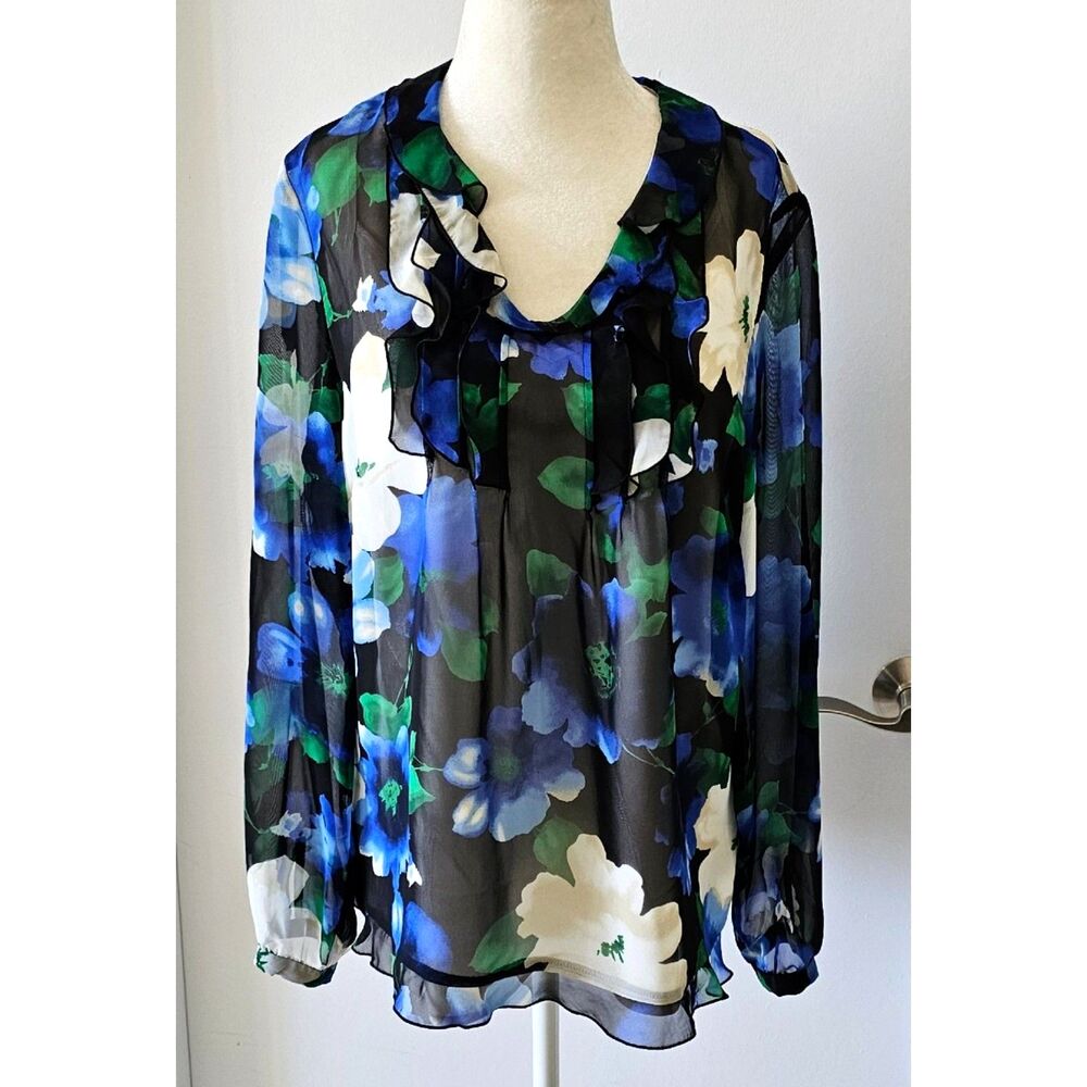 ANN TAYLOR 2 PC Sheer Floral Blouse Top with Camisole Size 12P Ruffled V Neck
